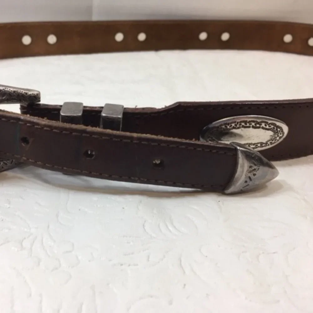 Langu Leather Brown Belt Silver Toned Engraved Ornaments